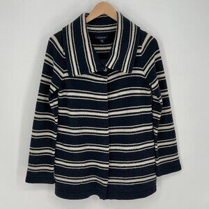 Lands End Womens Lambswool Snap Front Cardigan Sweater Jacket Size XS Navy Ivory
